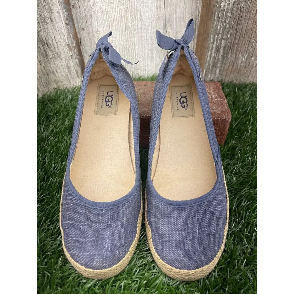 UGG Australia Indah Denim Canvas Espadrille Ballet Flats Ribbon Corset Women's 6